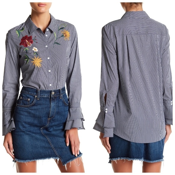 14th & Union Long Sleeve Floral Embroidered Stripe - Picture 2 of 3